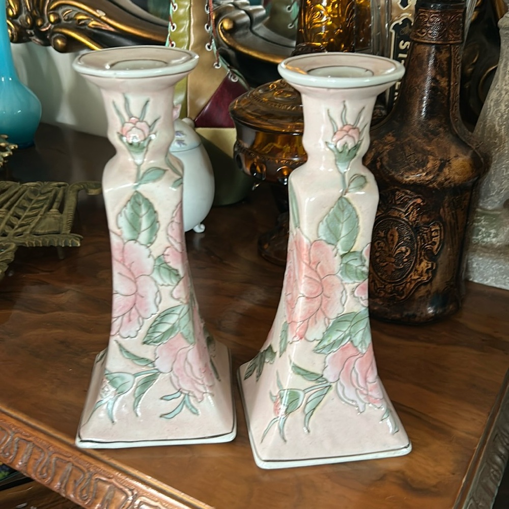 Vintage Chinoiserie Macau Porcelain Candle Holders